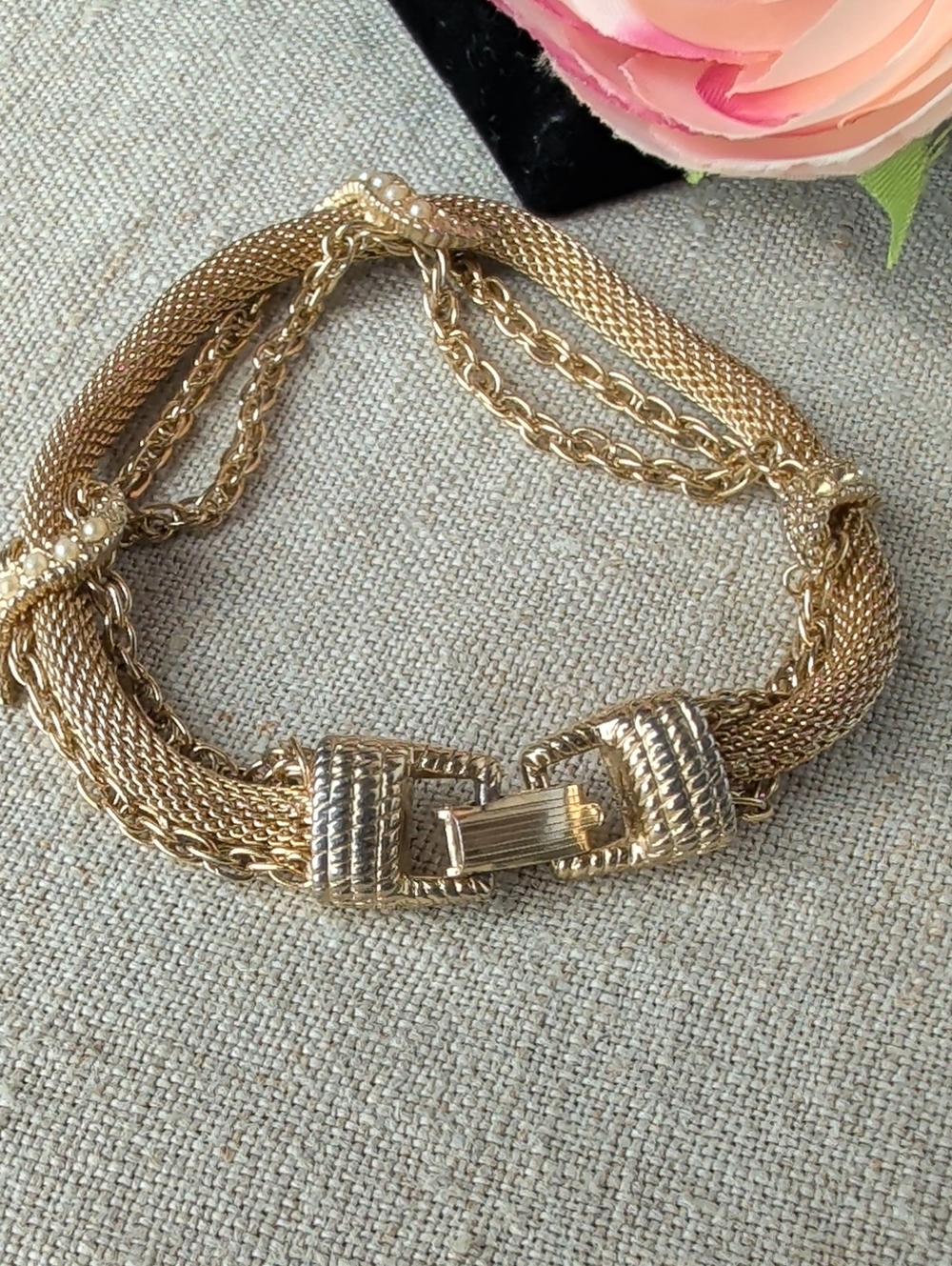 Vintage 1960s Goldette Gold Tone Mesh Bracelet Wide Woven Victorian Revival